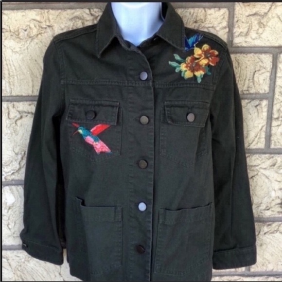 Who what wear Green Denim jacket embroidered floral bird Oversized Small - Picture 9 of 9